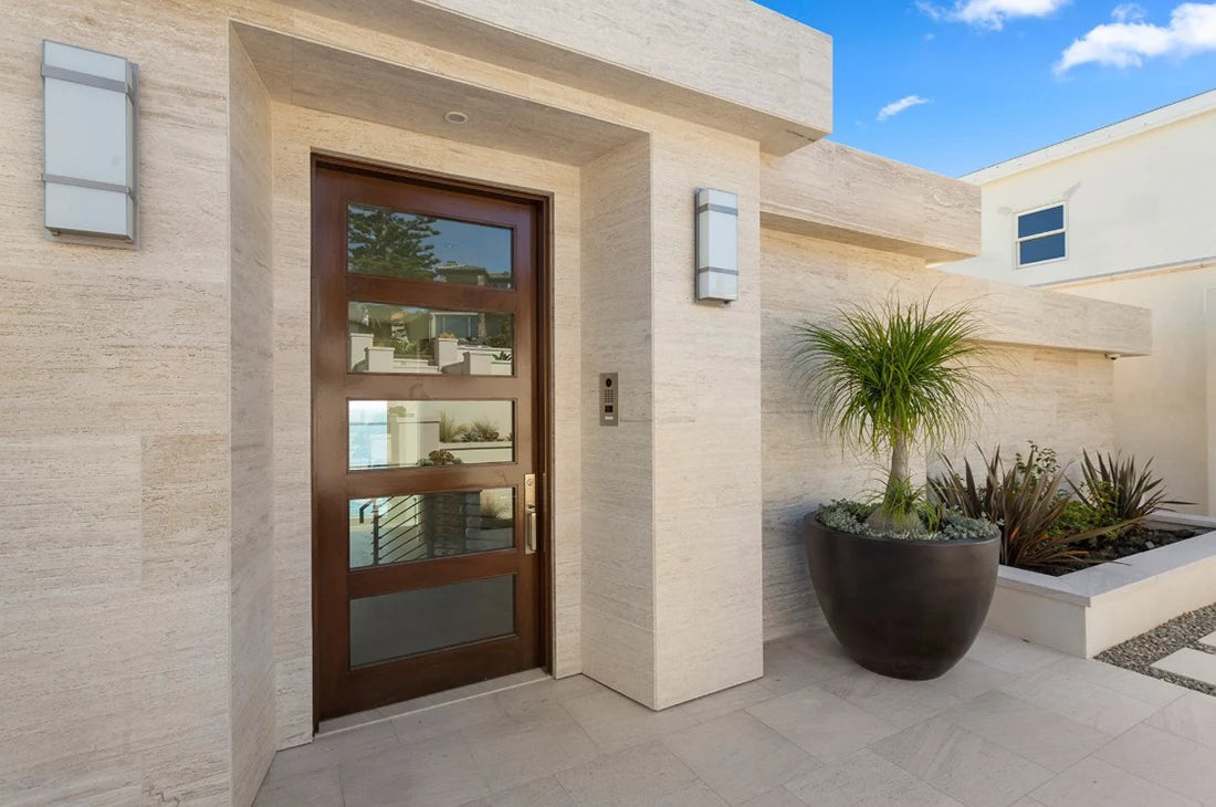 Building exterior in Vintage Vein Cut Travertine tile